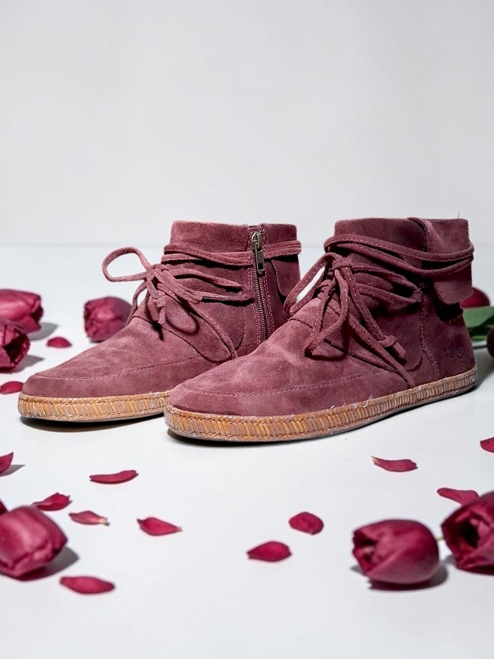 UGG Reid Women's Suede Mid-Boots Moccasins US Size 7 Burgundy Side Zip 1019129